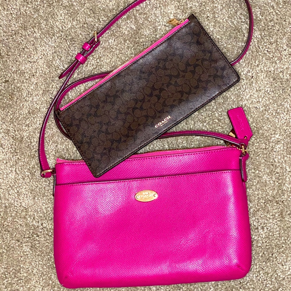 PINK CROSSBODY with signature COACH pouch.